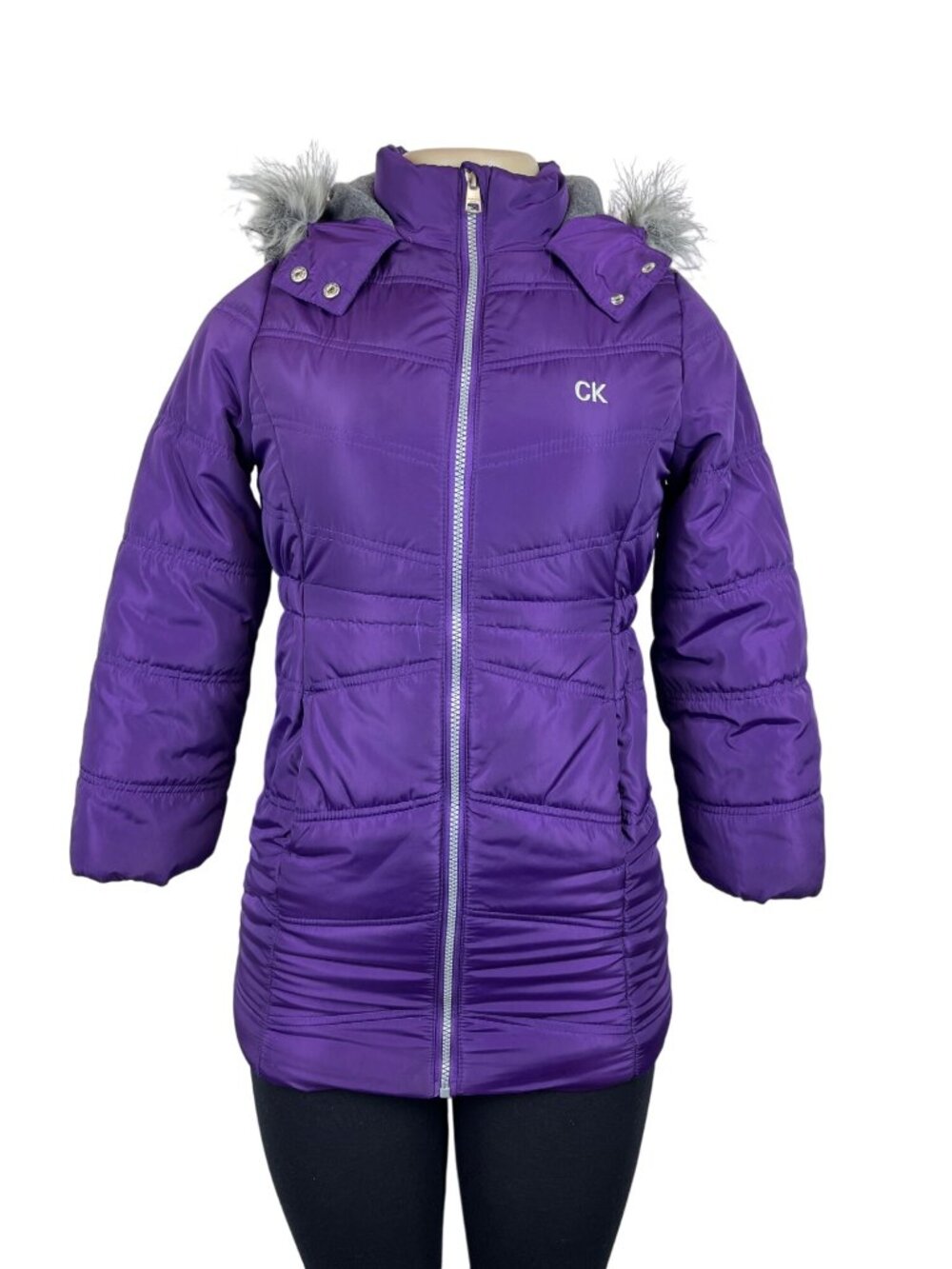 Calvin Klein Womens Purple Puffer Jacket With Faux Fur Hood & Side Pockets Sz S